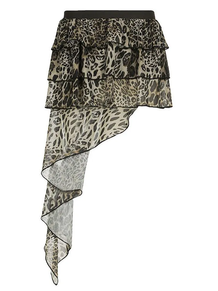 LANFUBEISI - Leopard Print Irregular Ruffle Mini Skirt