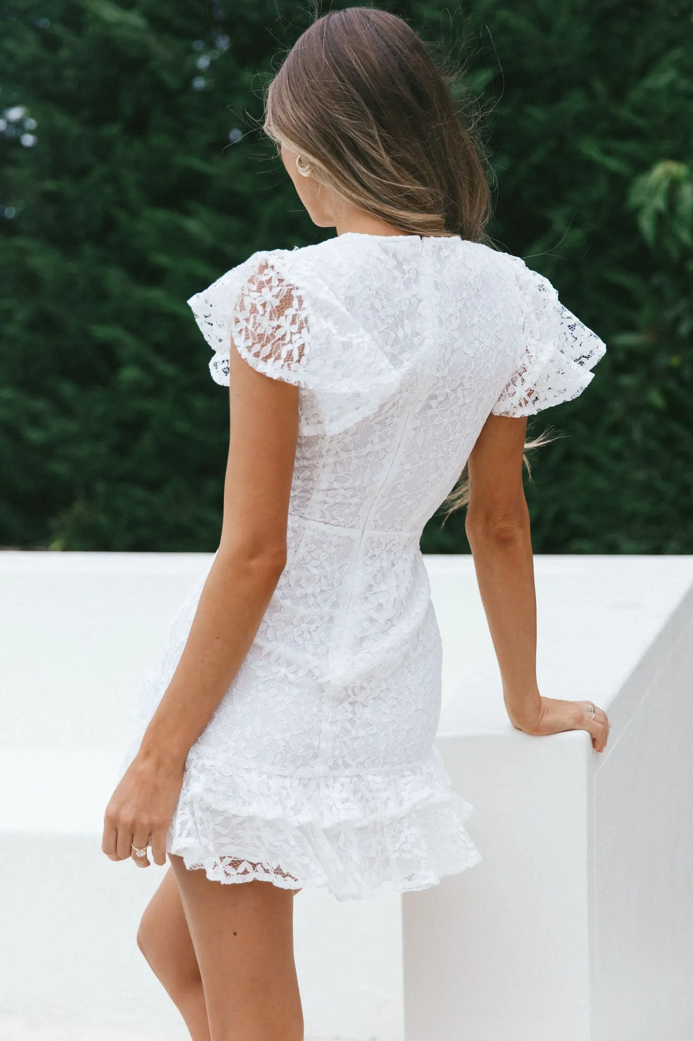 Lark Crew Neck Ruffle Sleeve Dress Lace Overlay White