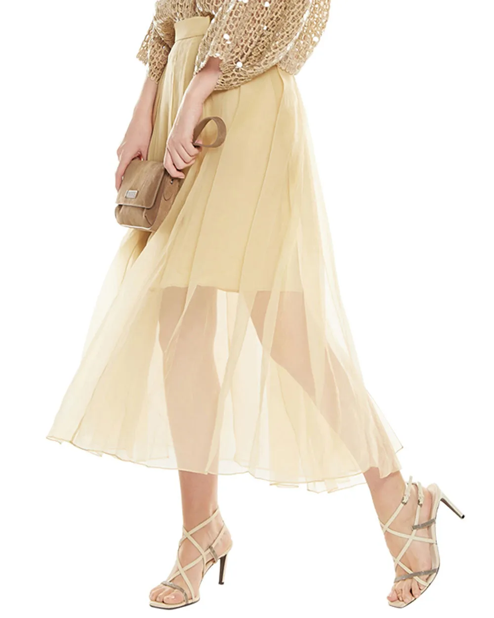 Lemon Pleated Silk Midi Skirt