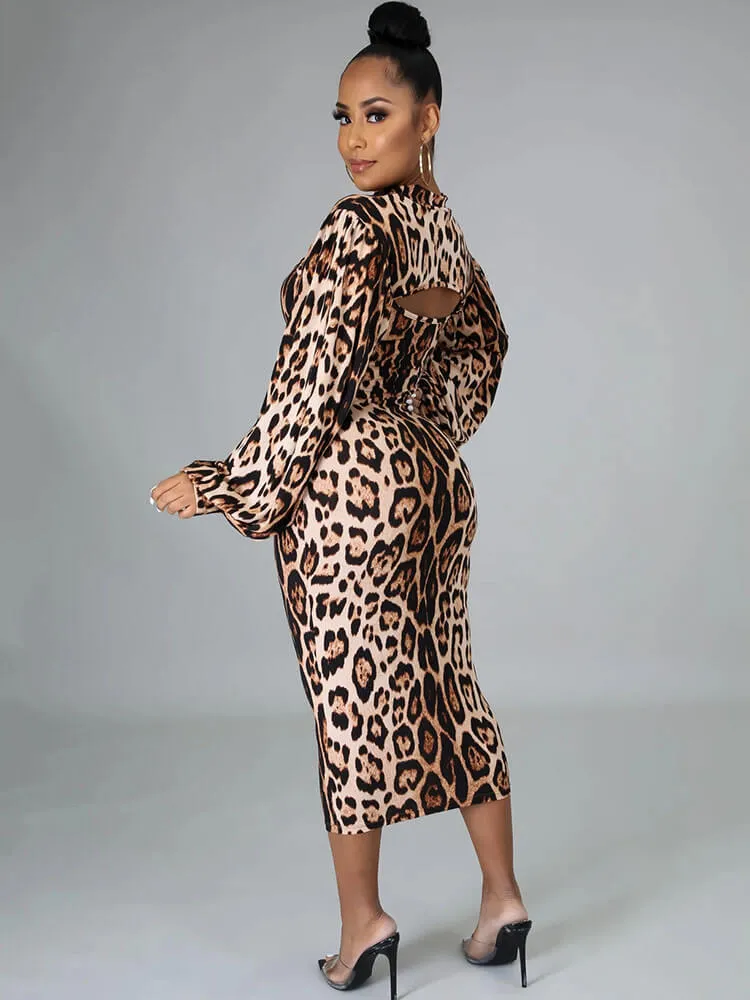 Leopard Mock Neck Long Sleeve Top Spaghetti Strap Dress