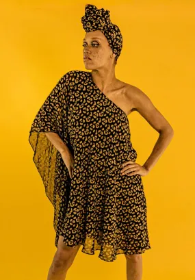 Leopard One Shoulder Dress in Black   Gold