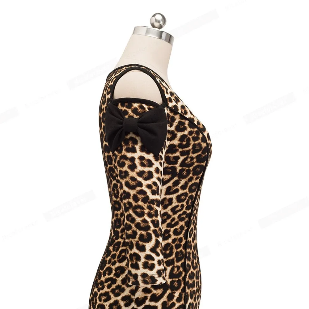 Leopard Printed Cold Shoulder With Bow Party Dress