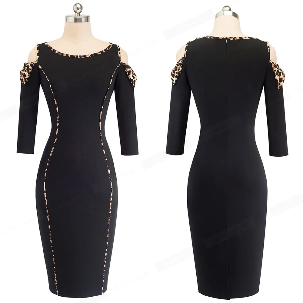 Leopard Printed Cold Shoulder With Bow Party Dress