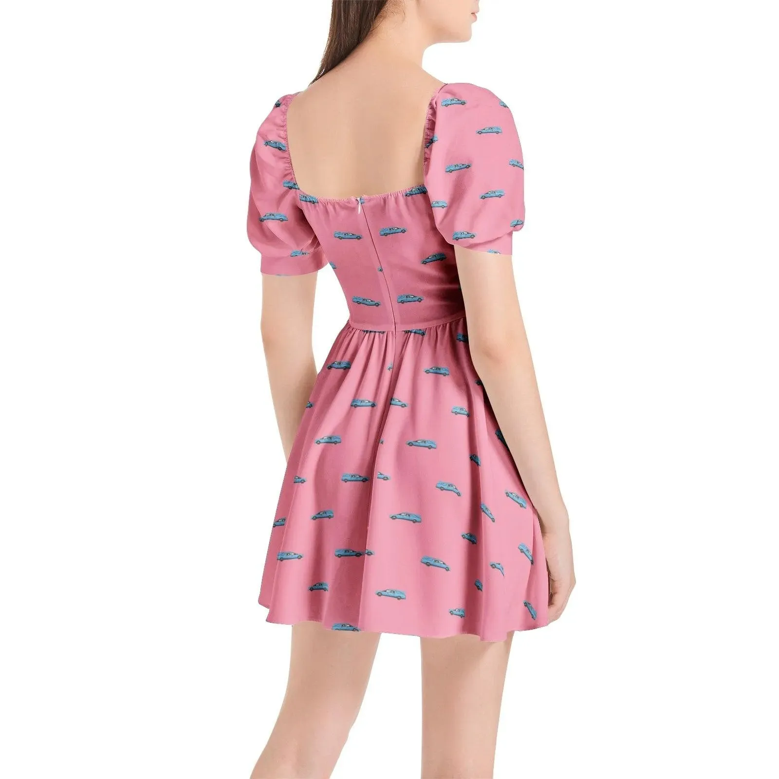 Light Blue Hearse on Rose Pink - Puff Sleeve Sweetheart Dress