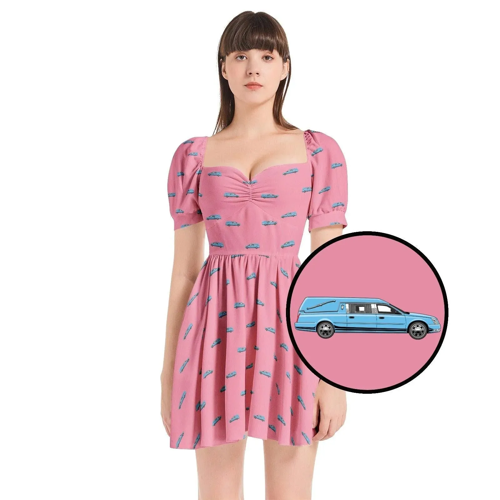 Light Blue Hearse on Rose Pink - Puff Sleeve Sweetheart Dress