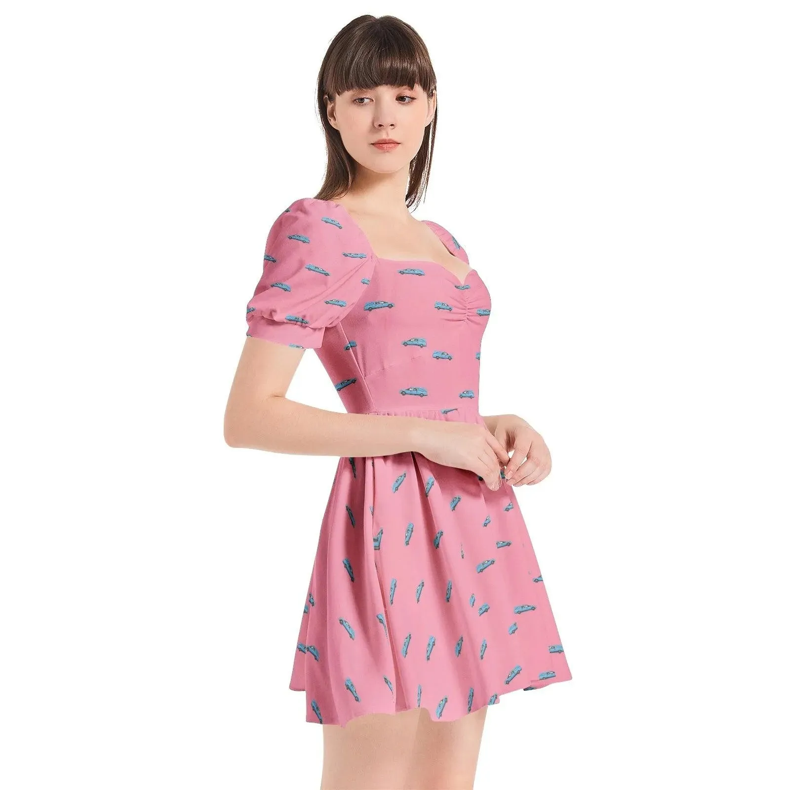 Light Blue Hearse on Rose Pink - Puff Sleeve Sweetheart Dress