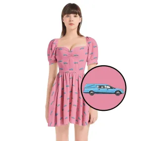 Light Blue Hearse on Rose Pink - Puff Sleeve Sweetheart Dress