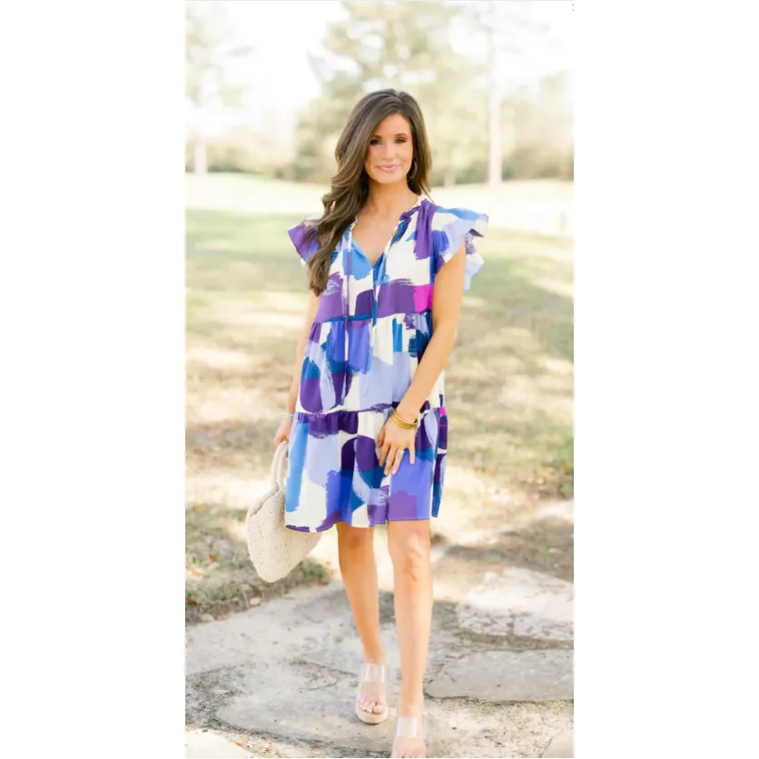 Lilac Abstract Print Flutter Sleeve Shift Dress