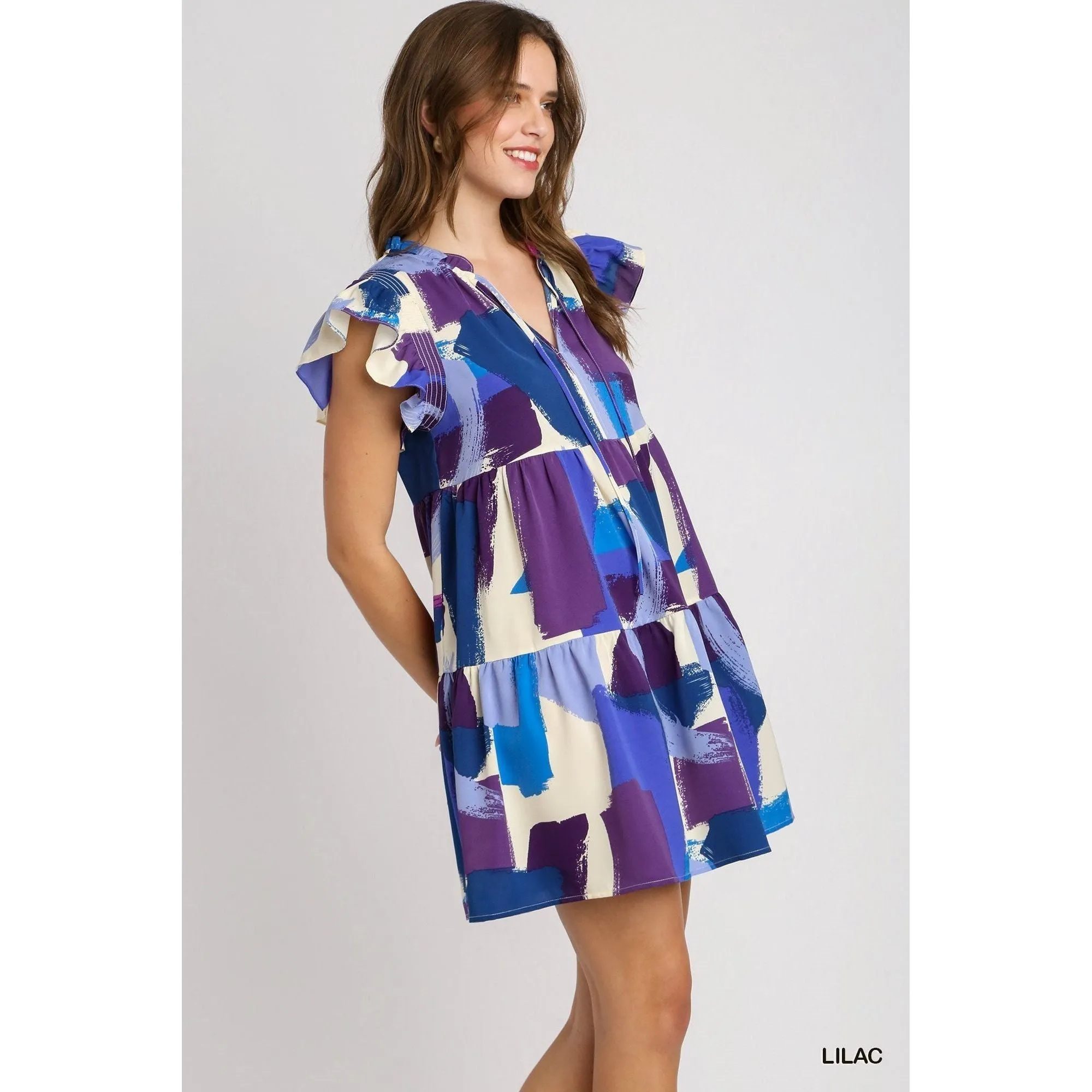 Lilac Abstract Print Flutter Sleeve Shift Dress