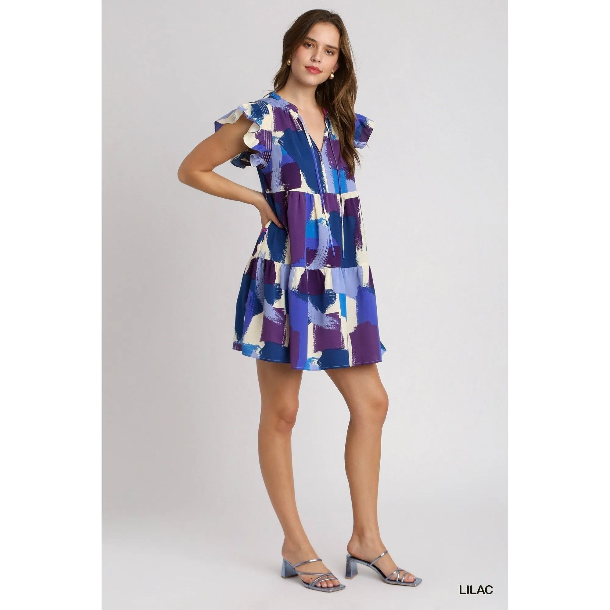 Lilac Abstract Print Flutter Sleeve Shift Dress