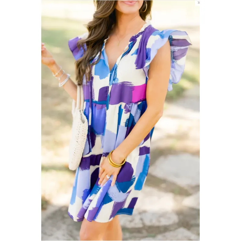 Lilac Abstract Print Flutter Sleeve Shift Dress
