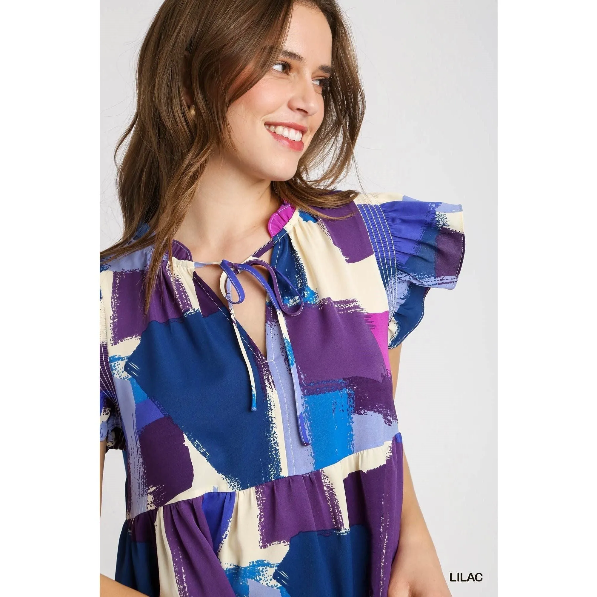 Lilac Abstract Print Flutter Sleeve Shift Dress