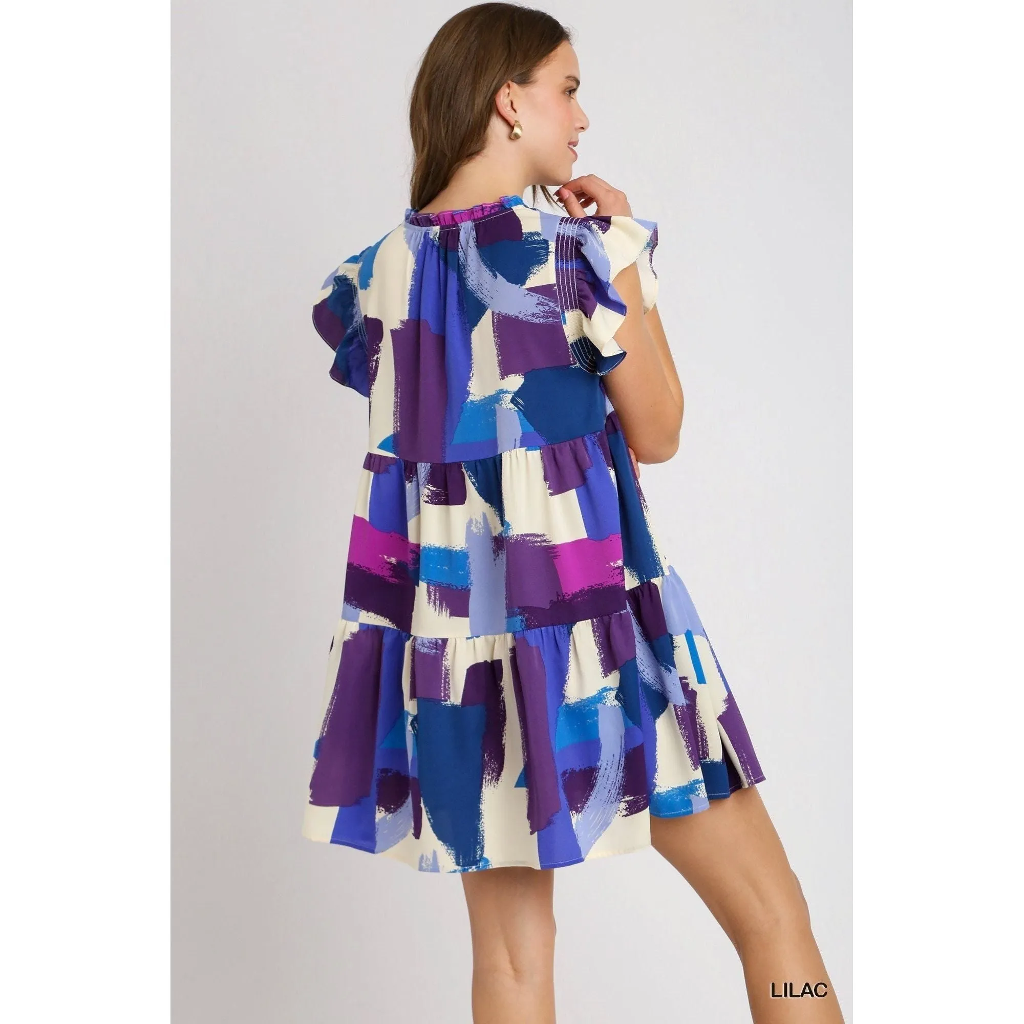 Lilac Abstract Print Flutter Sleeve Shift Dress