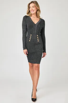 Long Sleeve Lurex Fitted Dress with Gold Buttons