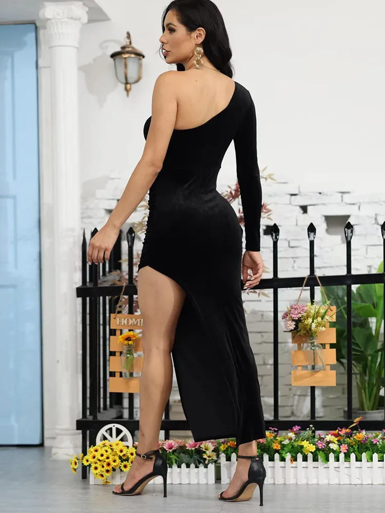 Long Sleeve One Shoulder Velvet Maxi Dresses