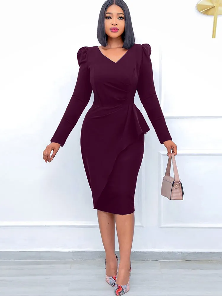 Long Sleeve Peplum Bodyocn Midi Dresses