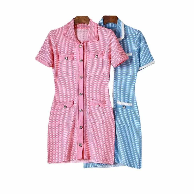 Lurex Knitted Mini Dress Short Sleeve Shirt Dress for Women