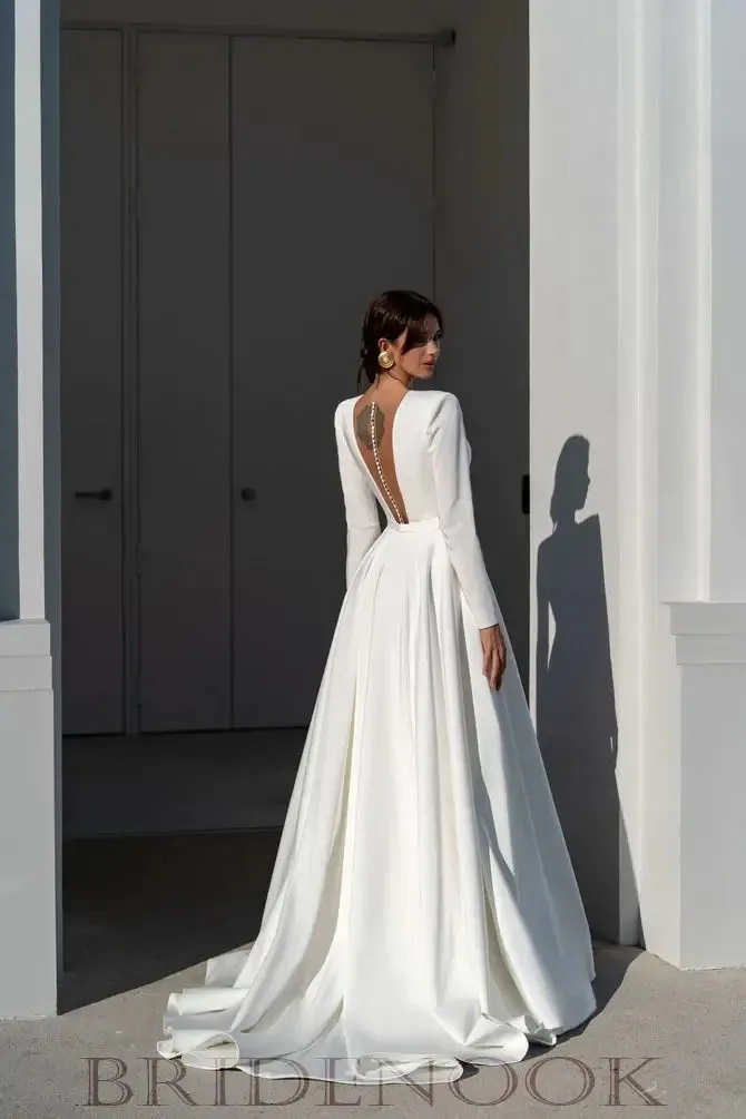 Luxury Long Sleeves A Line Wedding Dress With Plunging Neck