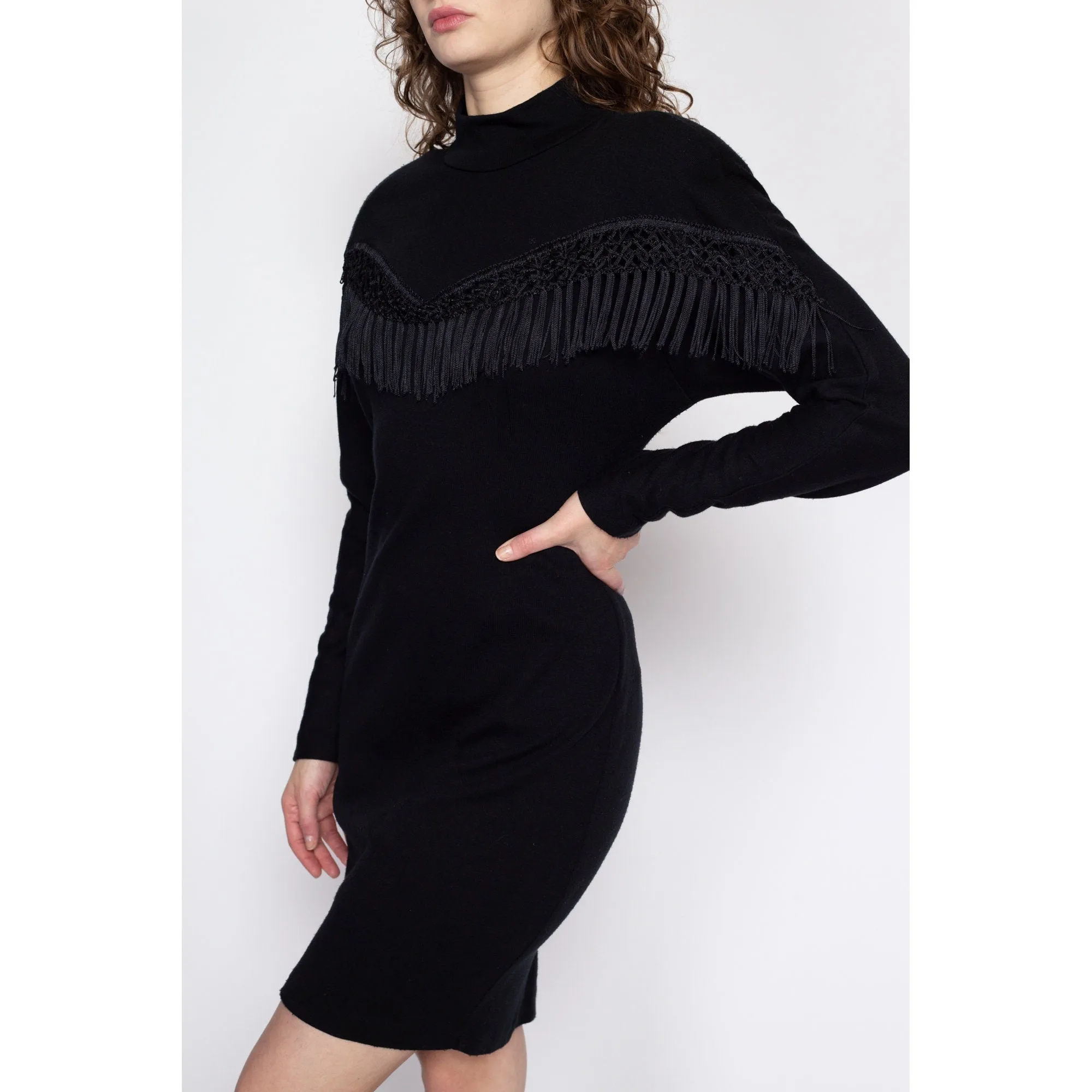 Medium 80s Black Fringe Trim Bodycon Mini Dress