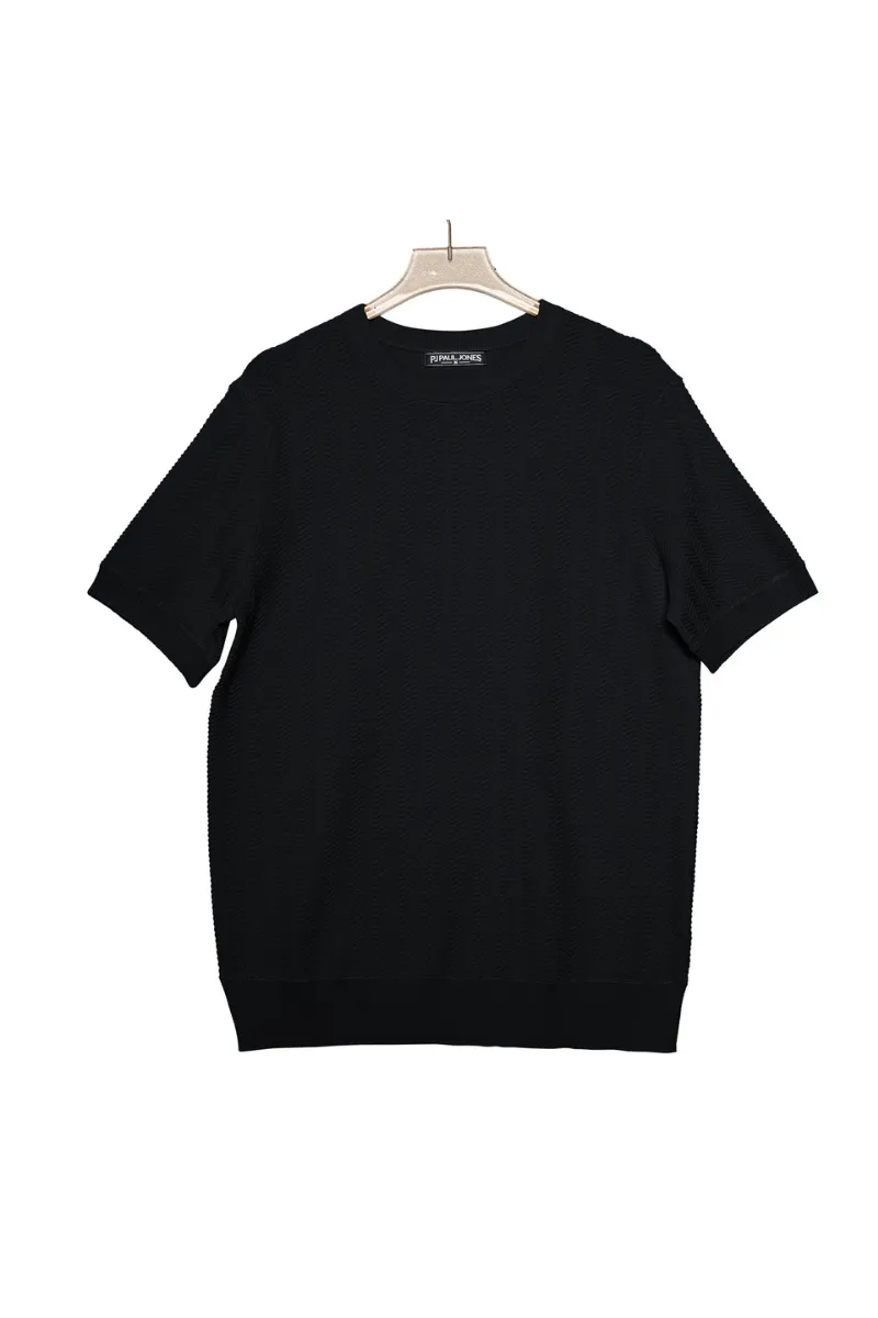 Men Herringbone Textured Knitted T-Shirt Short Sleeve Crew Neck Tops Knitwear