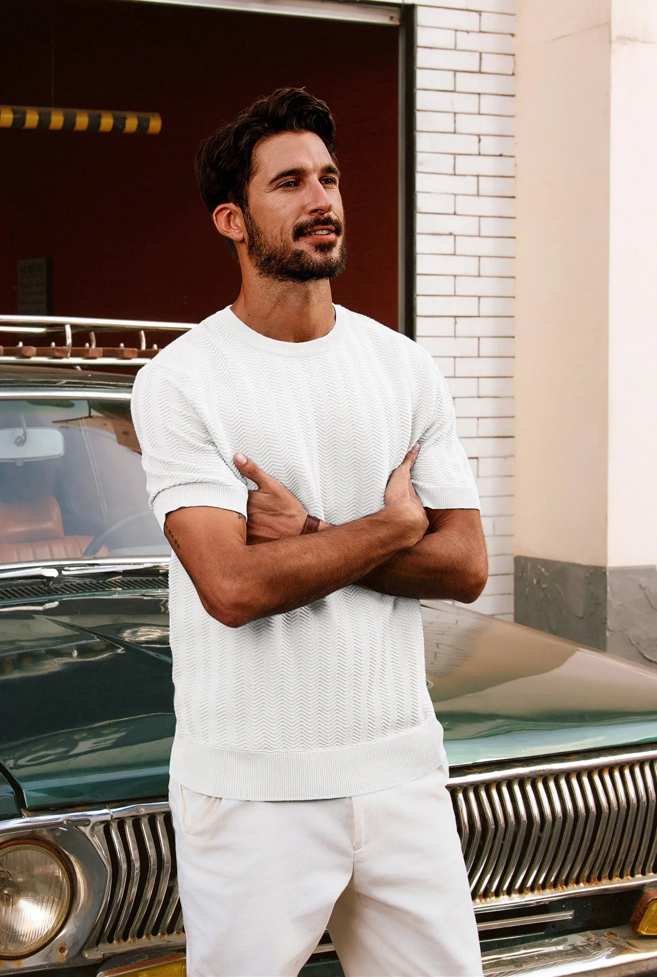 Men Herringbone Textured Knitted T-Shirt Short Sleeve Crew Neck Tops Knitwear