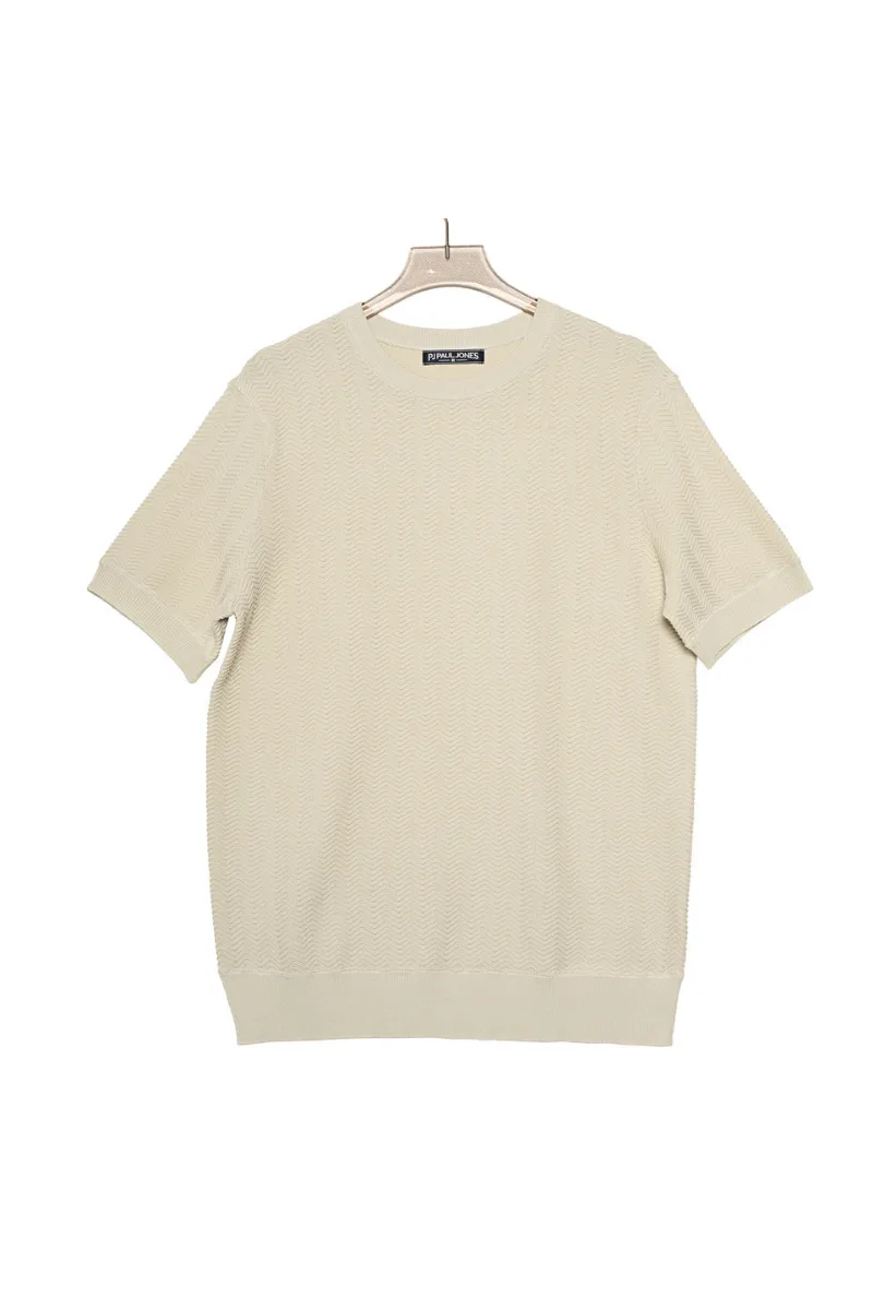 Men Herringbone Textured Knitted T-Shirt Short Sleeve Crew Neck Tops Knitwear