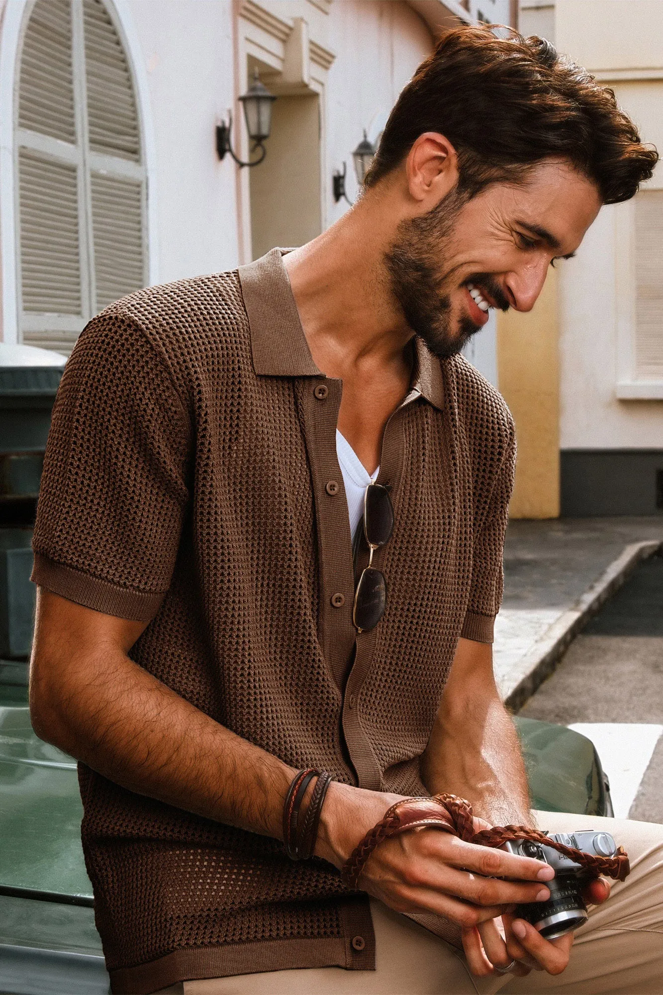 Men Hollowed-out Cardigan Short Sleeve Lapel Collar Button-up Knitwear