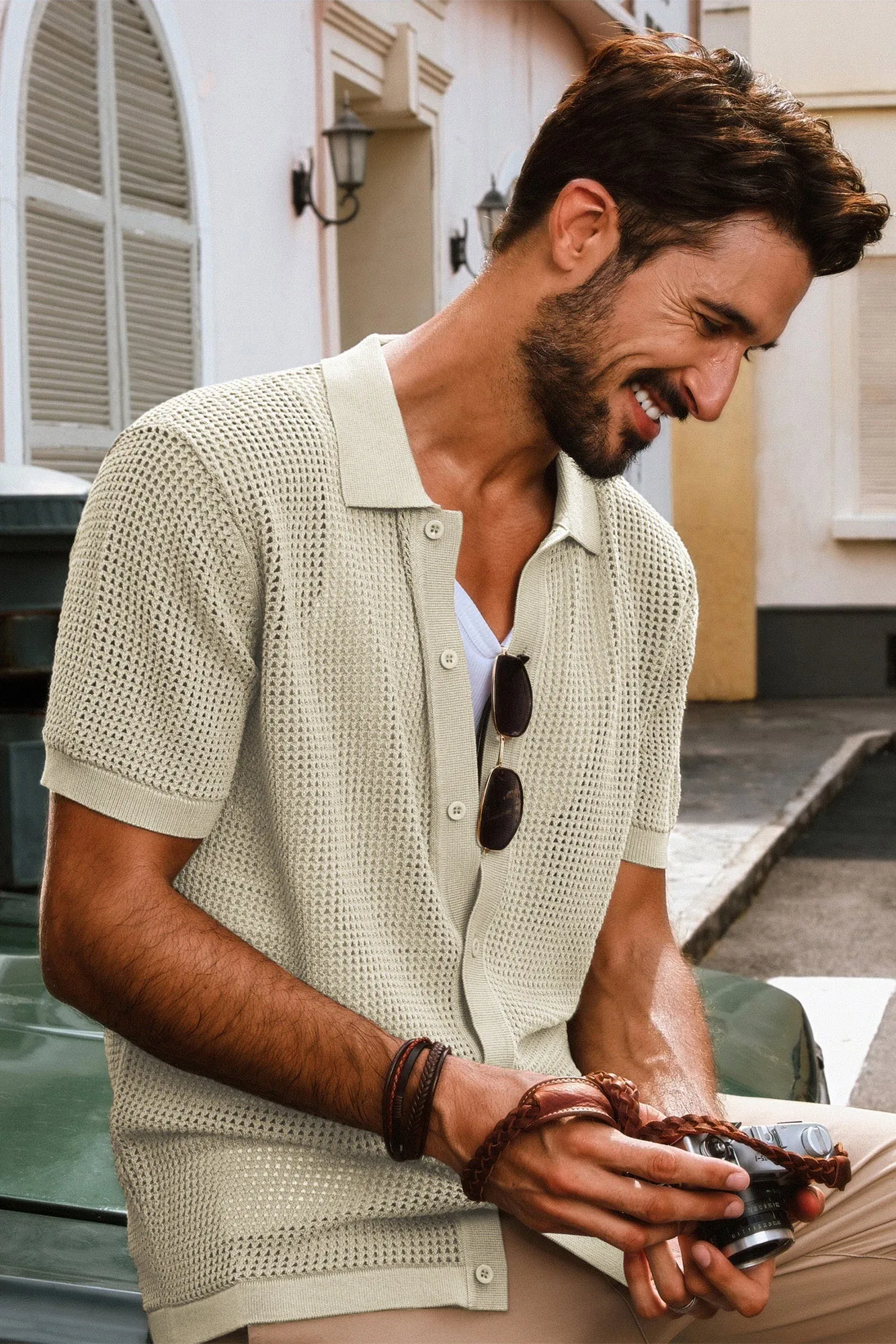 Men Hollowed-out Cardigan Short Sleeve Lapel Collar Button-up Knitwear