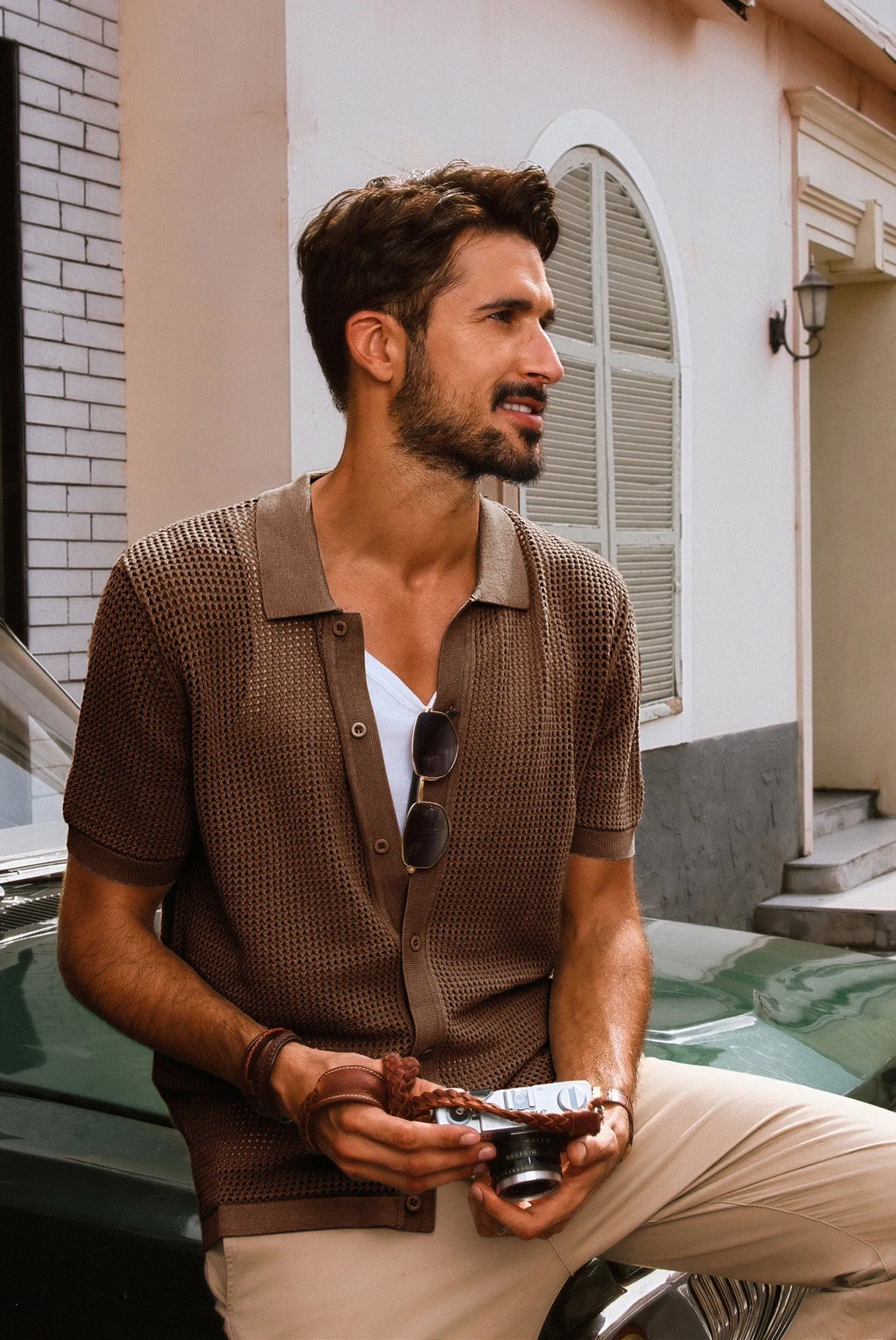 Men Hollowed-out Cardigan Short Sleeve Lapel Collar Button-up Knitwear