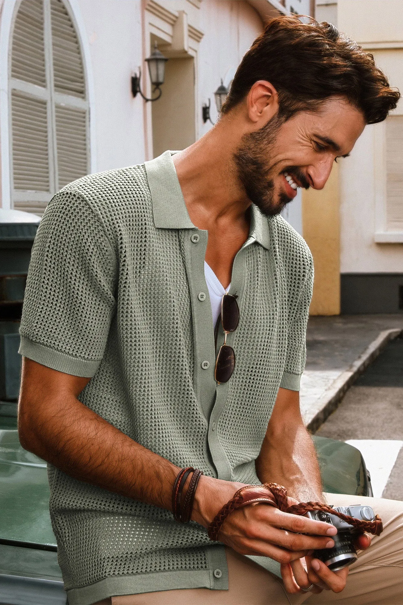 Men Hollowed-out Cardigan Short Sleeve Lapel Collar Button-up Knitwear
