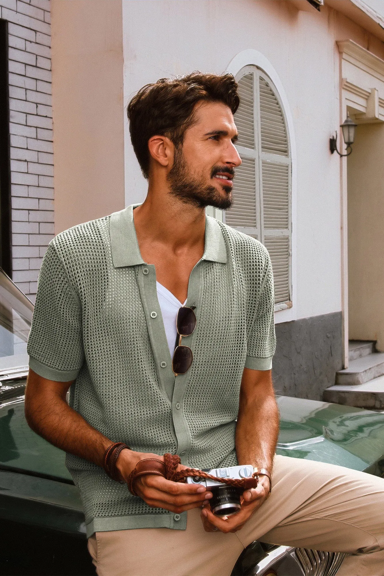 Men Hollowed-out Cardigan Short Sleeve Lapel Collar Button-up Knitwear