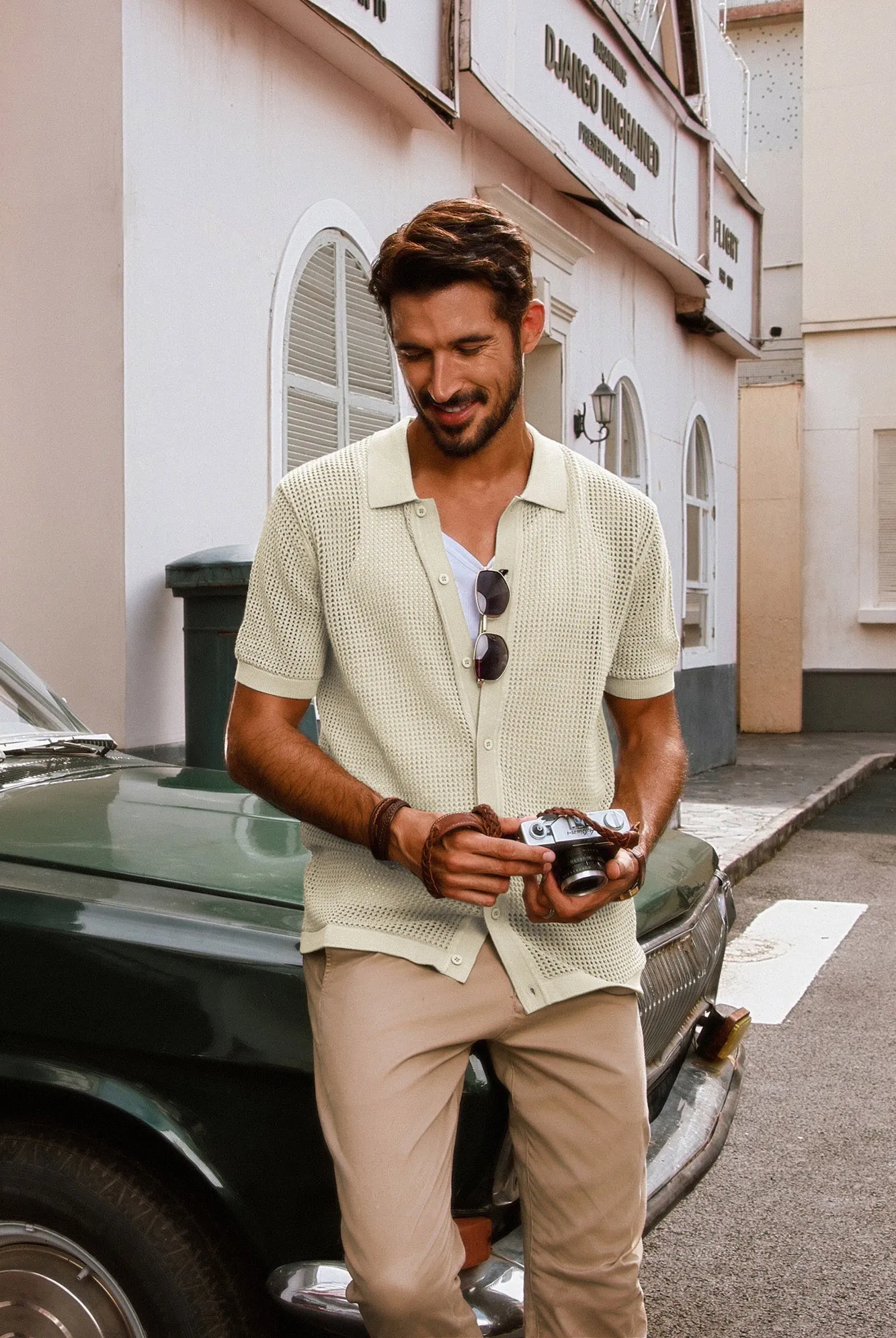 Men Hollowed-out Cardigan Short Sleeve Lapel Collar Button-up Knitwear