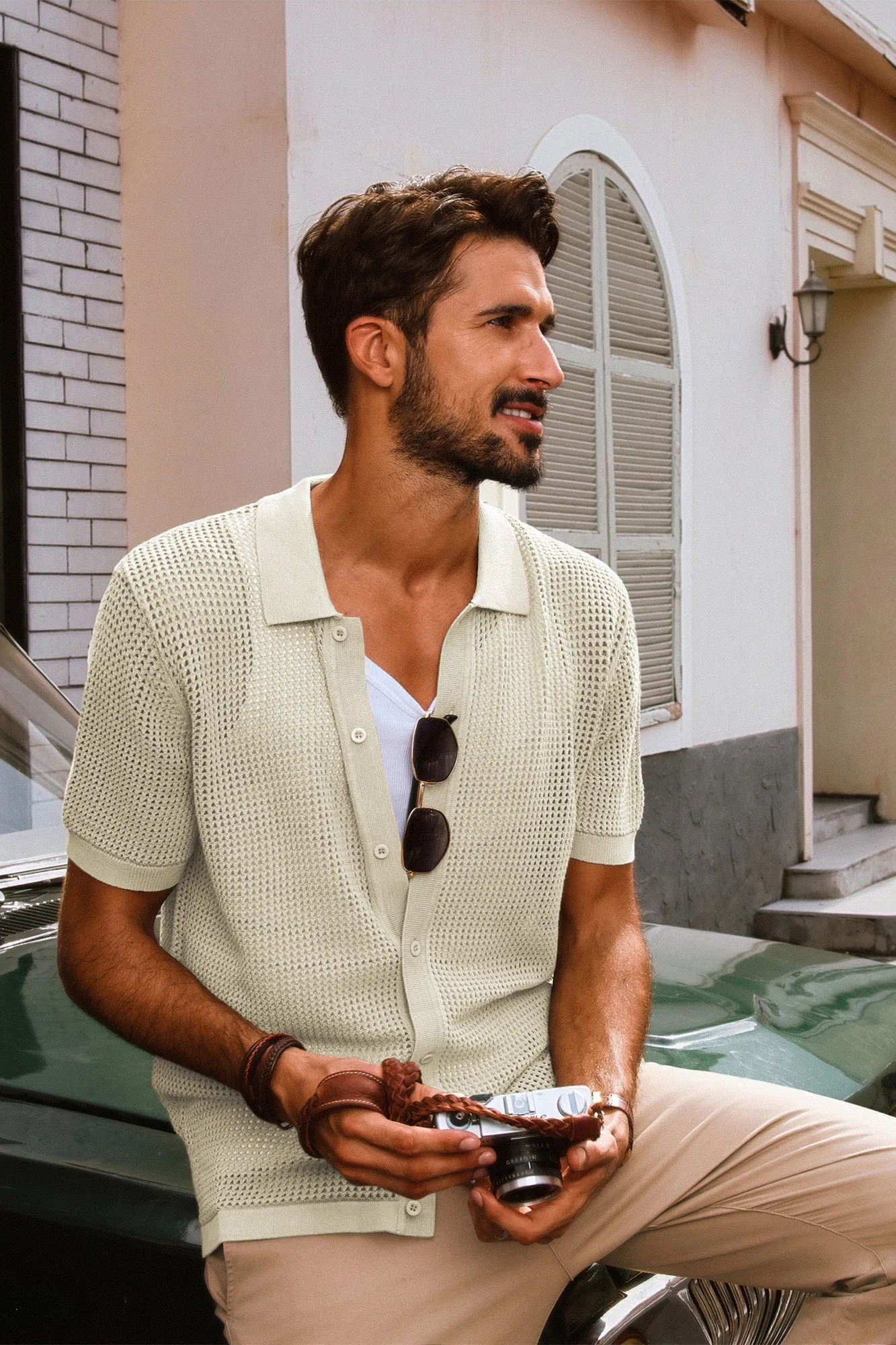 Men Hollowed-out Cardigan Short Sleeve Lapel Collar Button-up Knitwear