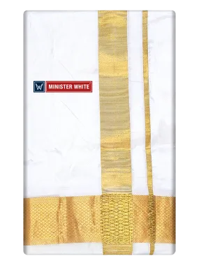 Mens Double Layer White Pure Silk Dhoti with 100K Golden Jari Border - Bheeshma 100K