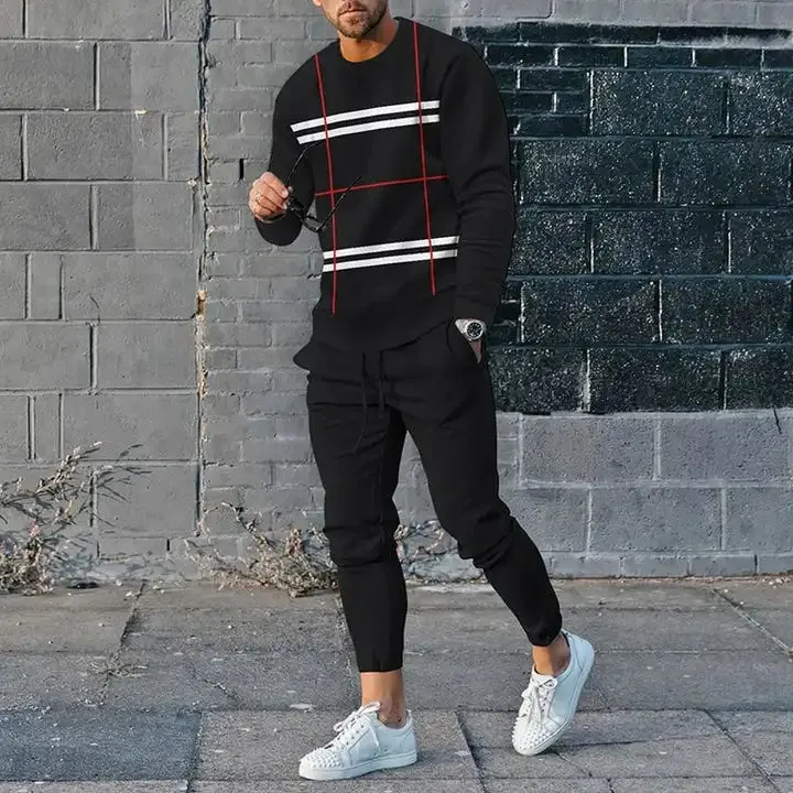 Men's Long Sleeve T-Shirt & Pants Set Green Geometry 3D Printed Casual Suit