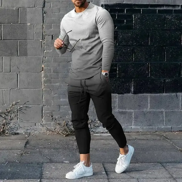 Men's Long Sleeve T-Shirt & Pants Set Green Geometry 3D Printed Casual Suit