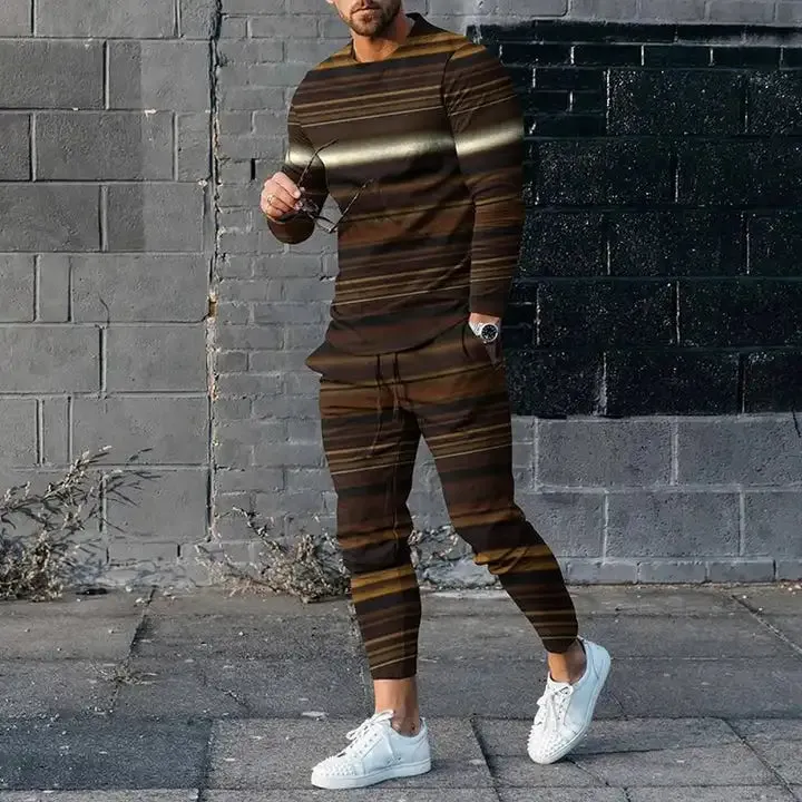 Men's Long Sleeve T-Shirt & Pants Set Green Geometry 3D Printed Casual Suit