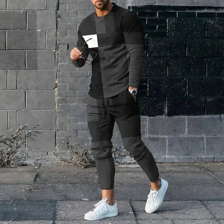 Men's Long Sleeve T-Shirt & Pants Set Green Geometry 3D Printed Casual Suit