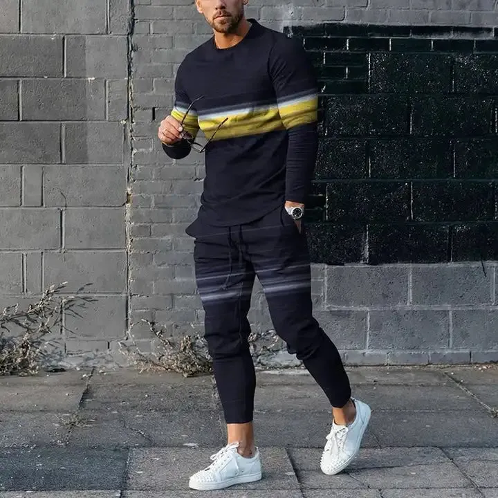 Men's Long Sleeve T-Shirt & Pants Set Green Geometry 3D Printed Casual Suit