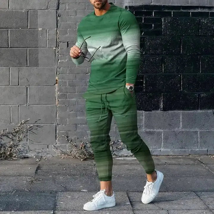 Men's Long Sleeve T-Shirt & Pants Set Green Geometry 3D Printed Casual Suit