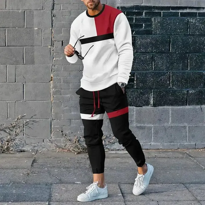 Men's Long Sleeve T-Shirt & Pants Set Green Geometry 3D Printed Casual Suit