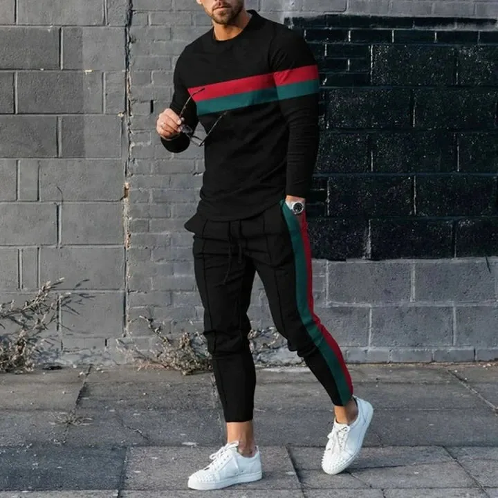 Men's Long Sleeve T-Shirt & Pants Set Green Geometry 3D Printed Casual Suit