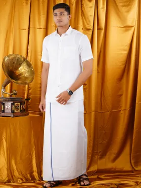 Mens Starch Finish White Dhoti & Half Sleeve Shirt Bright Man Set