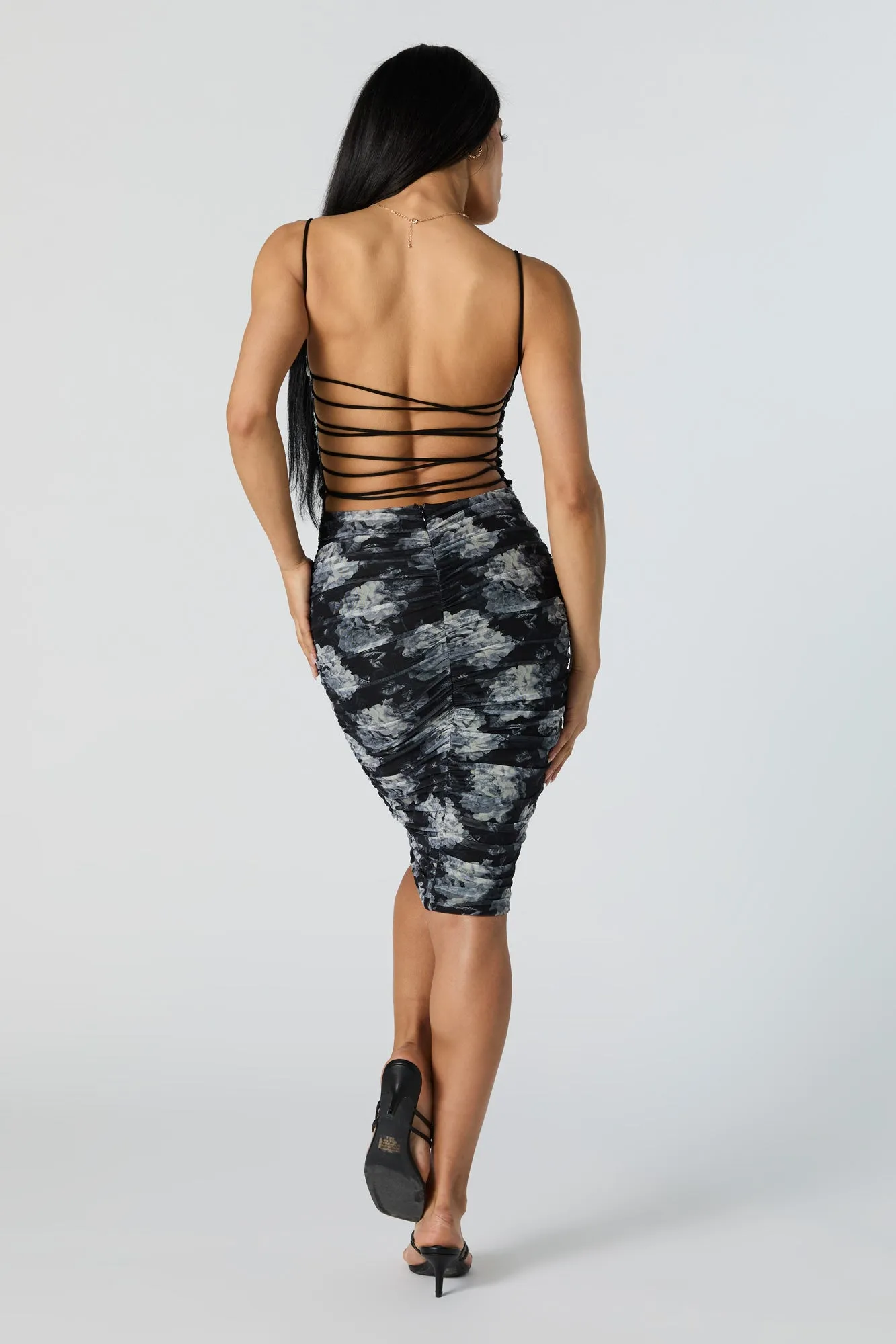 Mesh Ruched Cut Out Bodycon Midi Dress