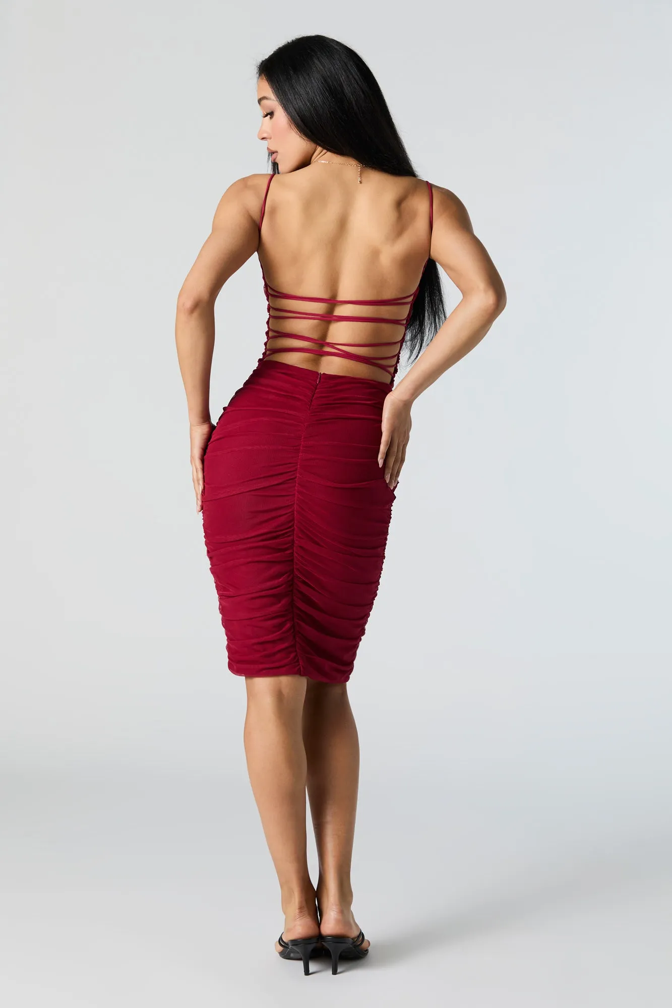 Mesh Ruched Cut Out Bodycon Midi Dress