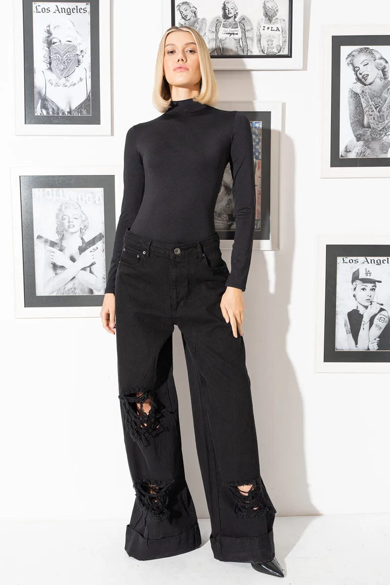 Mila Slim Fit Mock Neck Long Sleeve Turtle Top - Black