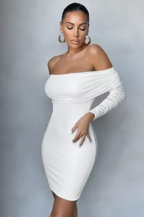 Minnie | White Ruched Mesh Bardot Bodycon Mini Dress