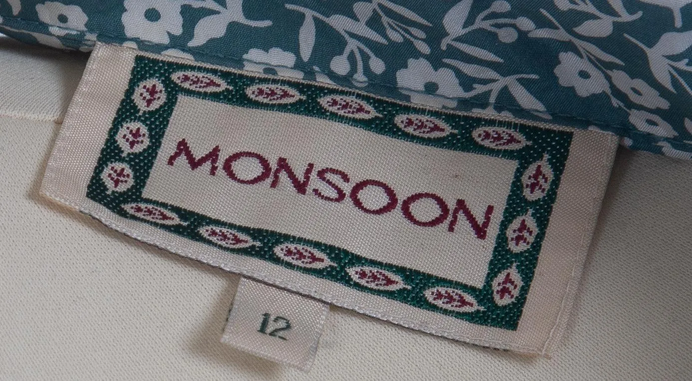 Monsoon Silk Summer Dress Moss Green Flower Pattern UK 12