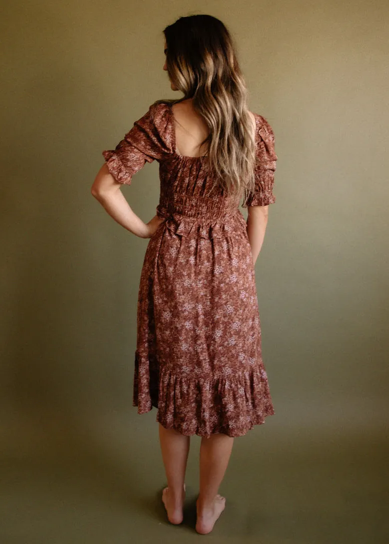 Montbretia, Womens Knee Length Dress, Floral, Smocked, Brick Multi