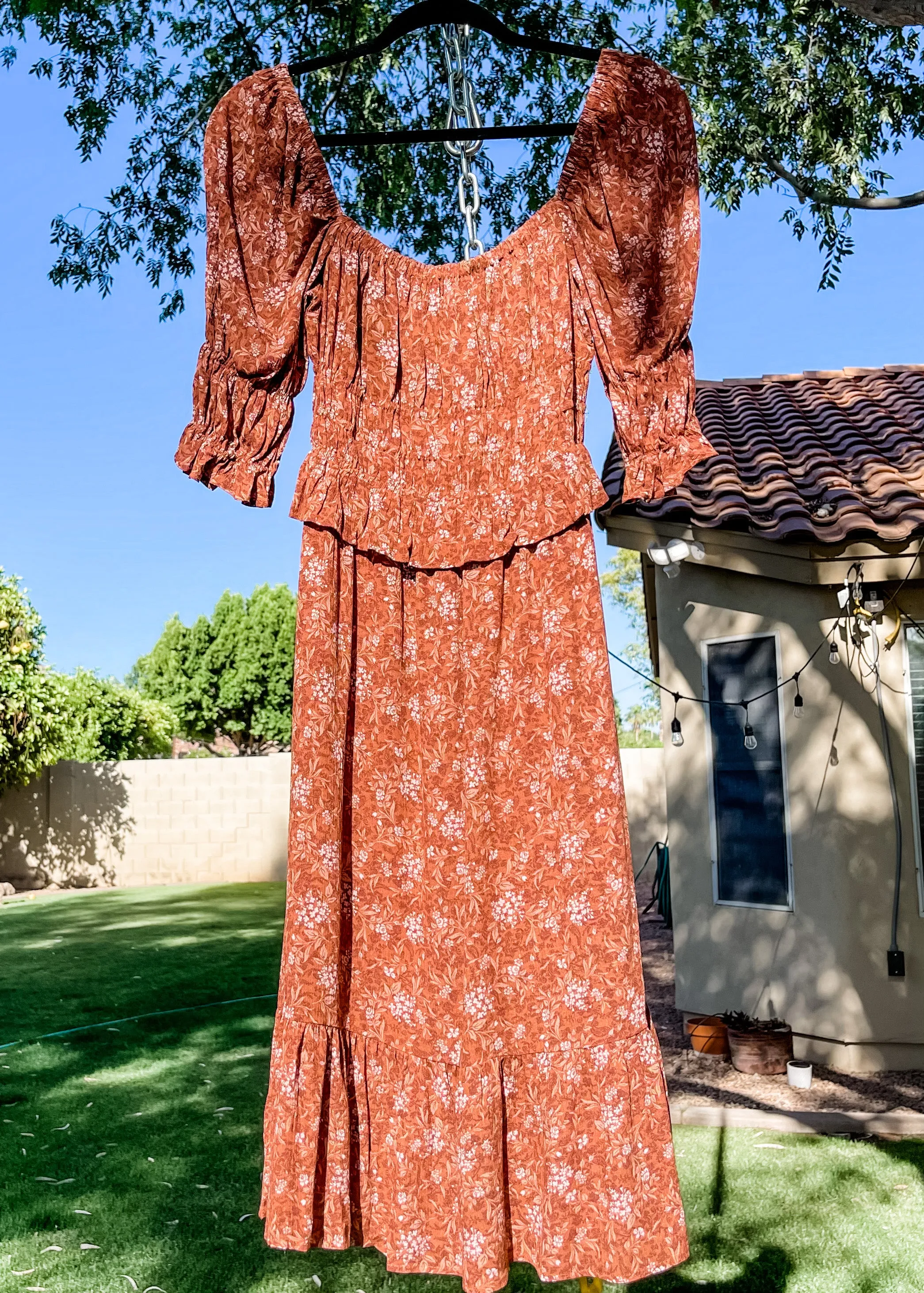 Montbretia, Womens Knee Length Dress, Floral, Smocked, Brick Multi